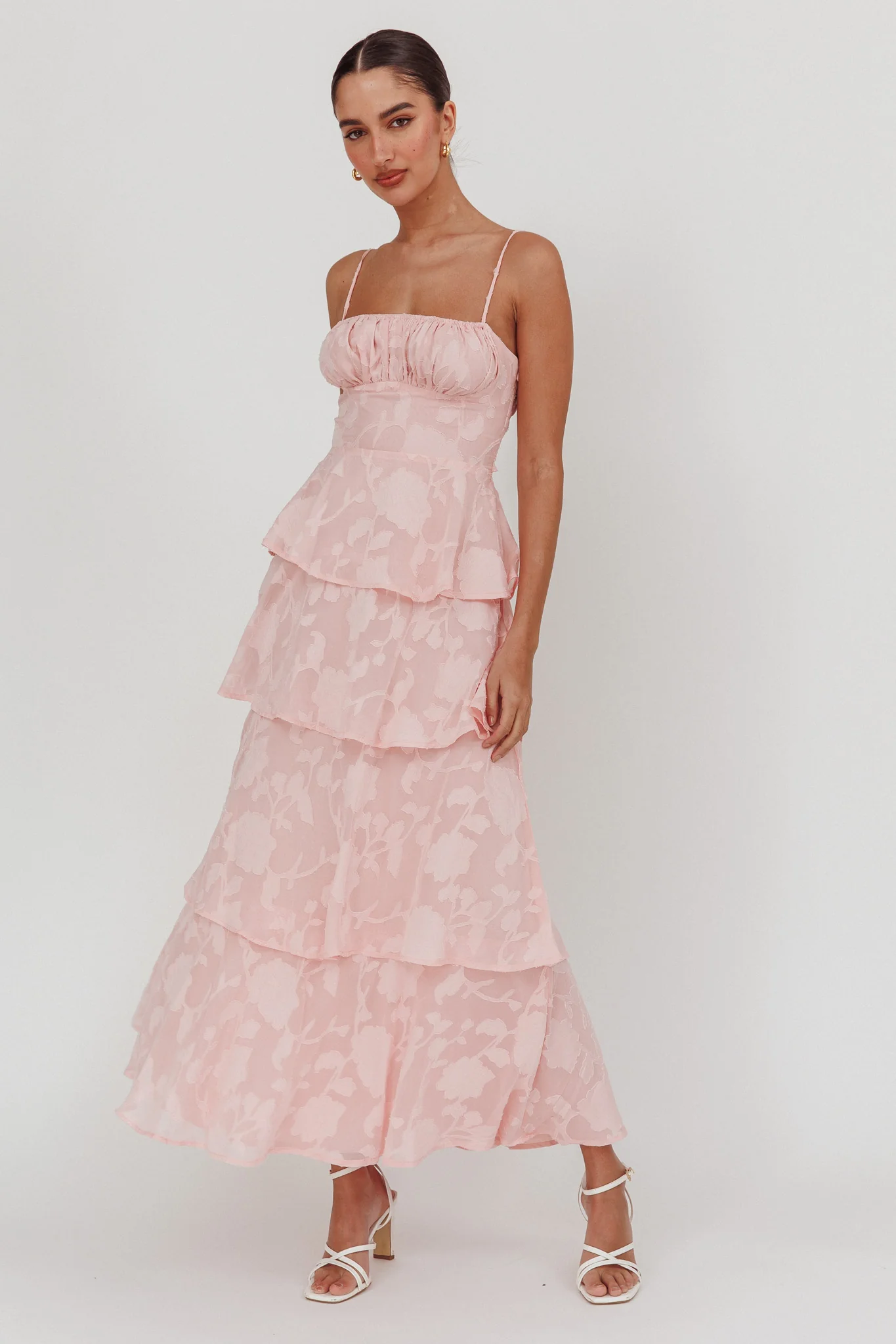 Provence Bloom Tiered Maxi Dress Jacquard Pink - Sonourner