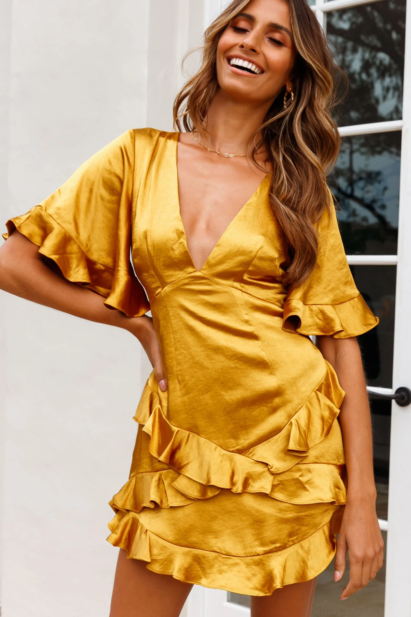 Miss Coco Angel Sleeve Ruffle Trim Dress Mustard - Sonourner