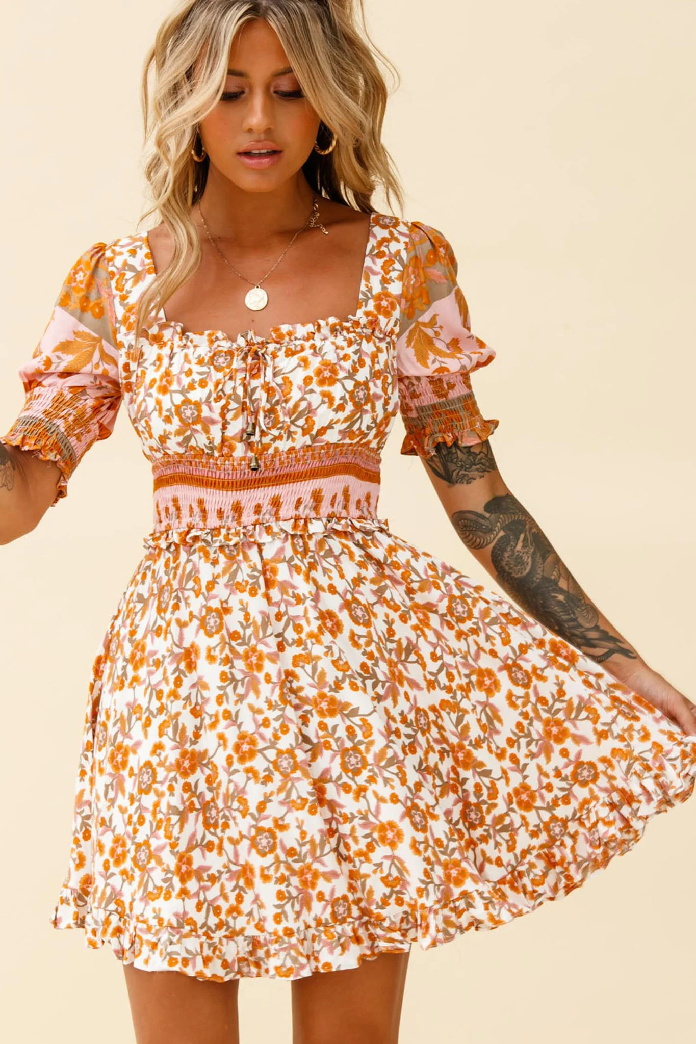 Summer In Paris Puff Sleeve Open Back Dress Floral Print White/Pink - Sonourner