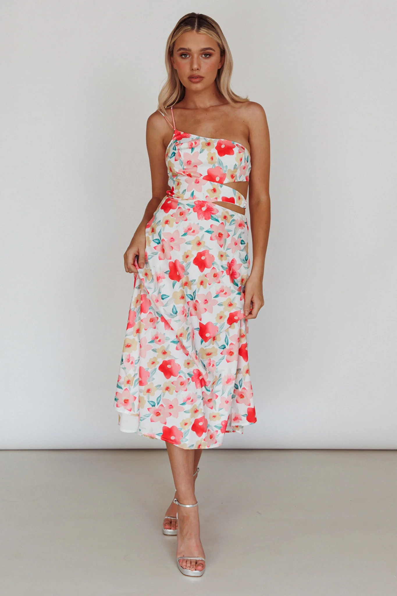 Halia One-Shoulder A-Line Midi Dress Floral Pink - Sonourner