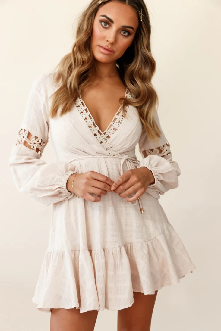 Chloye Long Balloon Sleeve Lace-Up Back Dress Nude - Sonourner