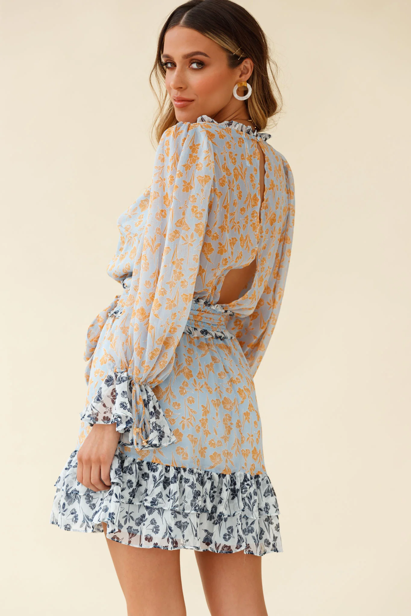 Prague Long Sleeve Ruffle Hem Dress Floral Print Blue/Orange Multi - Sonourner