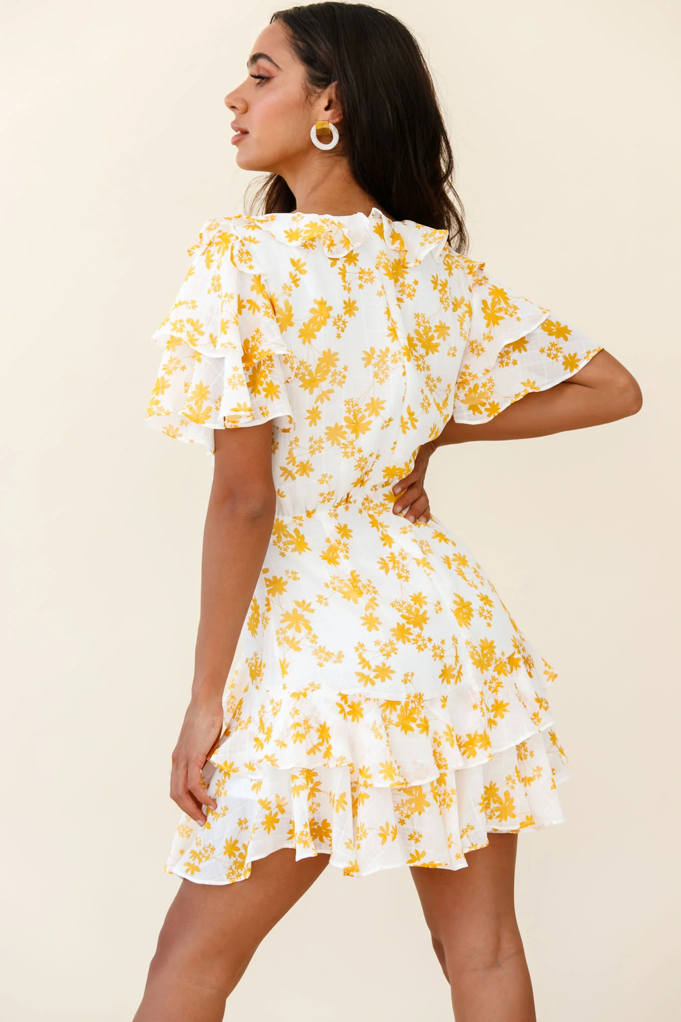 Aubrey Tied Bust Ruffle Trim Dress Floral Print Yellow - Sonourner
