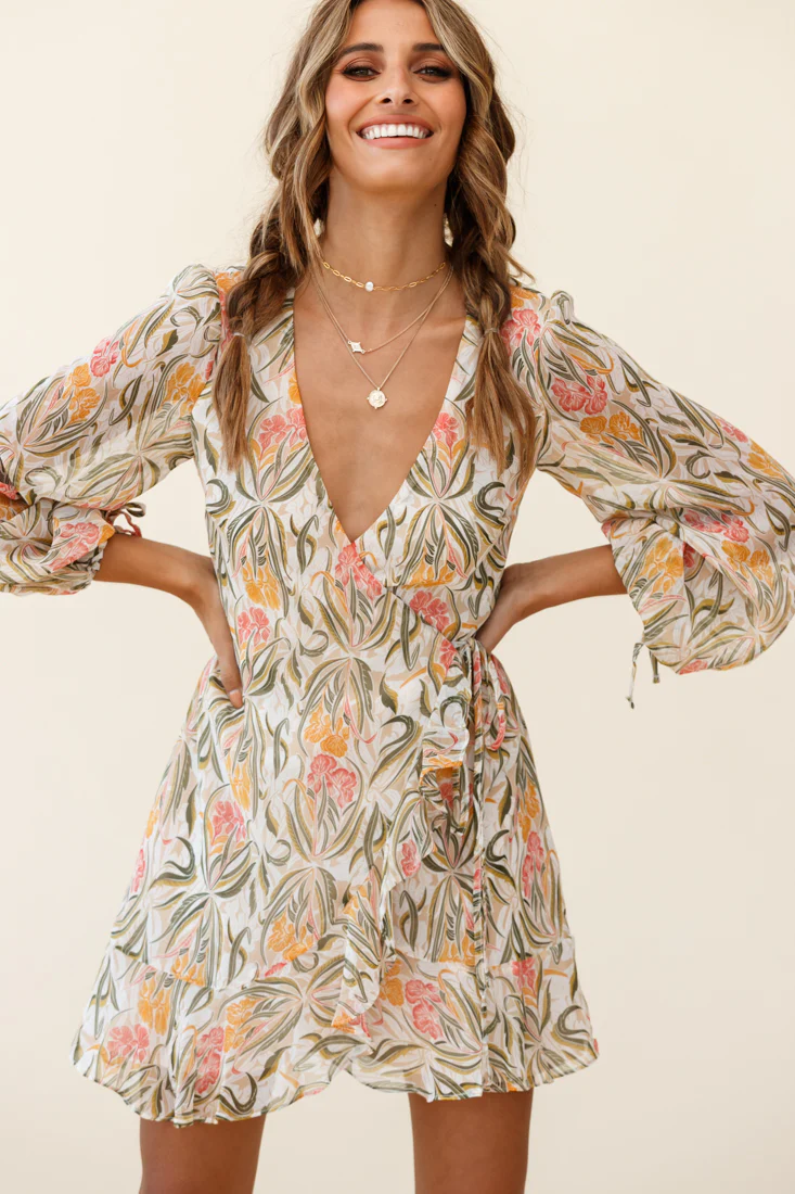 Hartley Balloon Sleeve Wrap Dress Floral Print Green - Sonourner