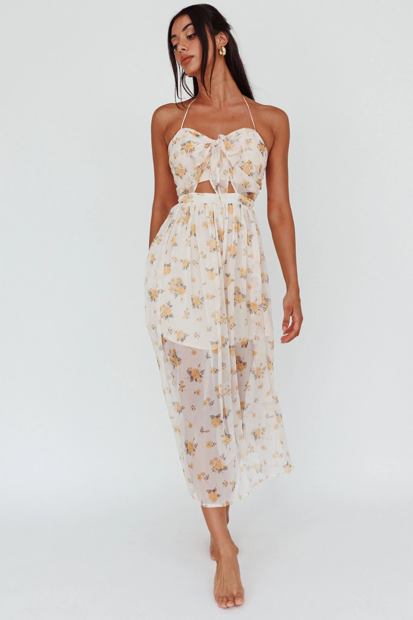 Los Feliz Tied Bust Halterneck Midi Dress Sheer Floral Yellow - Sonourner