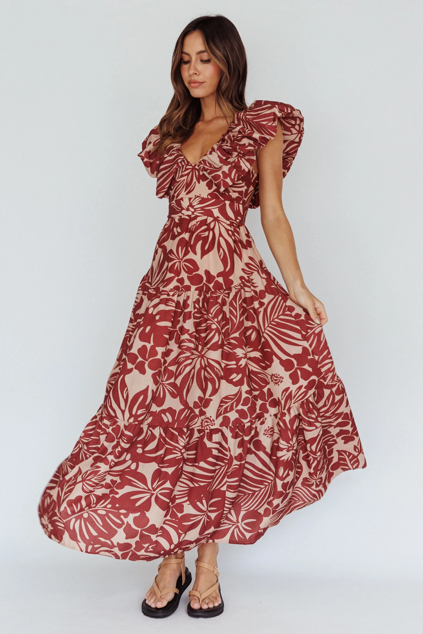 Kahlo Puffed Ruffle Neckline Maxi Dress Print Flame - Sonourner