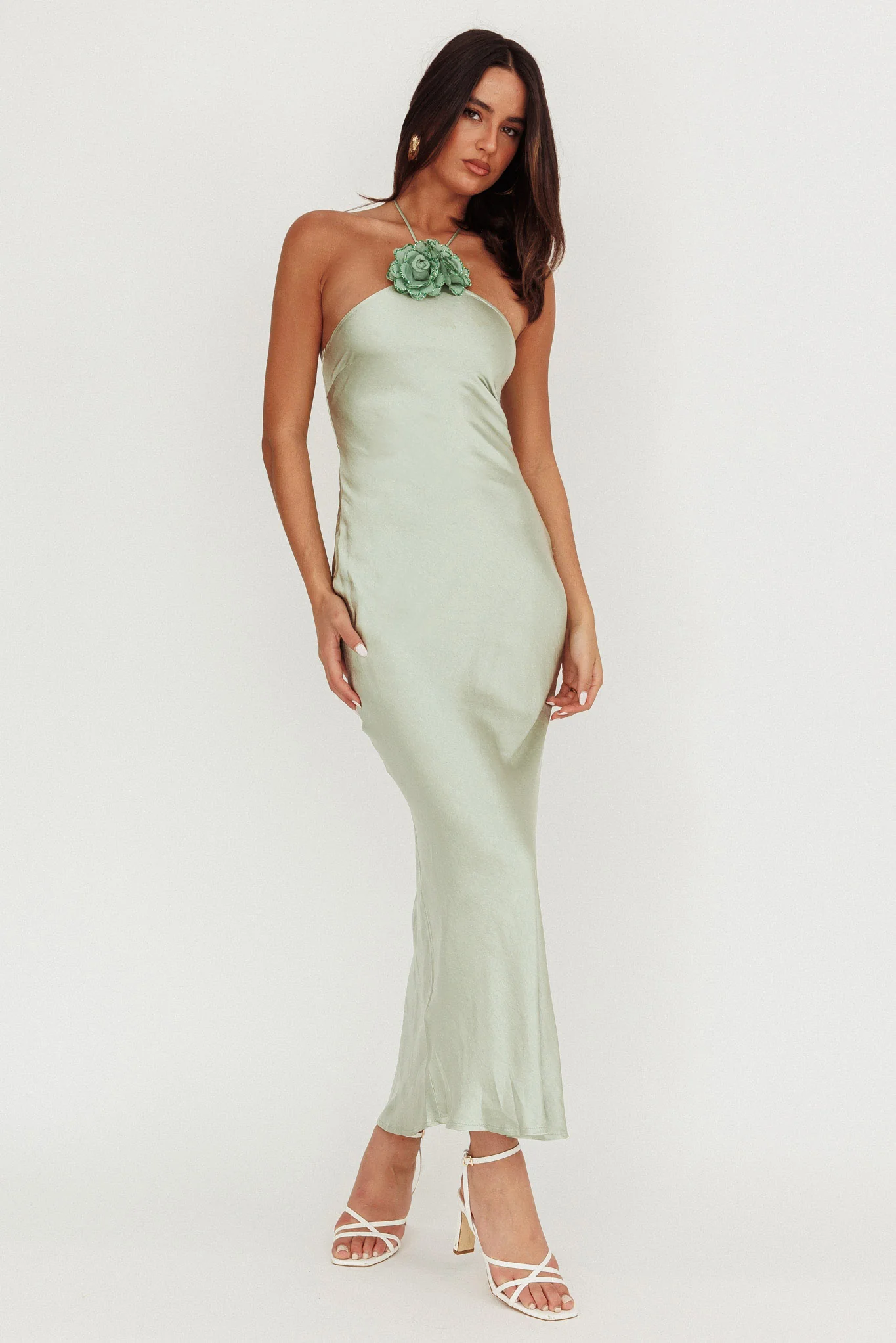 High Roller Flower Decoration Halter Dress Sage - Sonourner