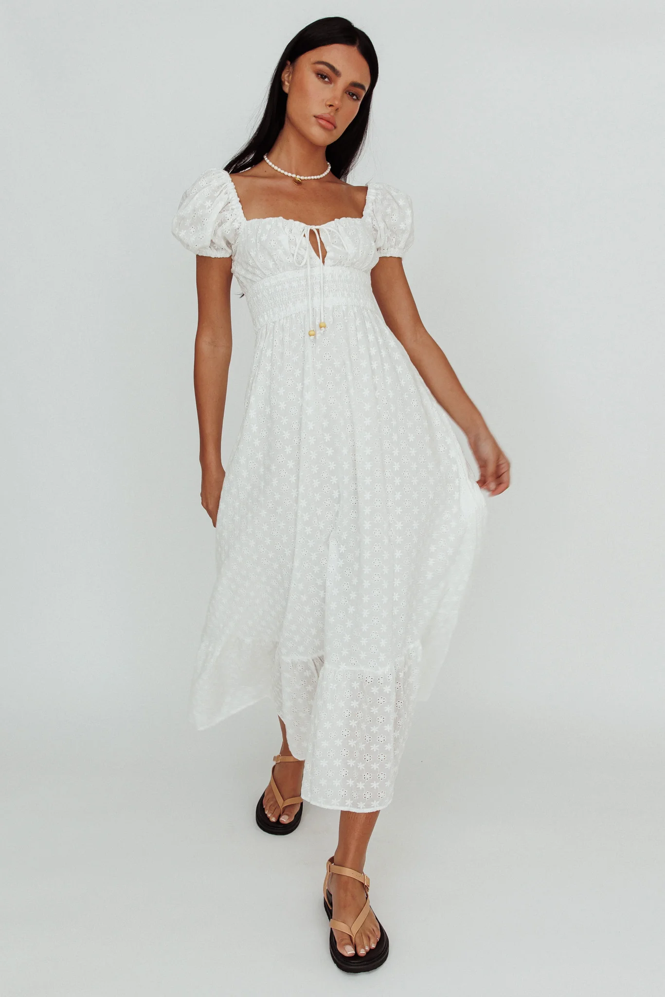Sia Puff Sleeve Eyelet Maxi Dress White - Sonourner