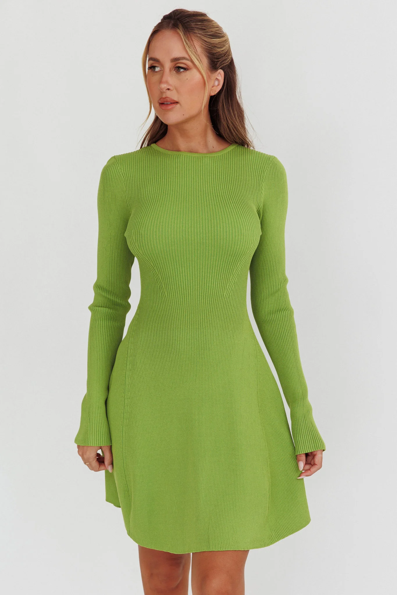 Intuitions Long Sleeve Ribbed Knit Dress Green - Sonourner
