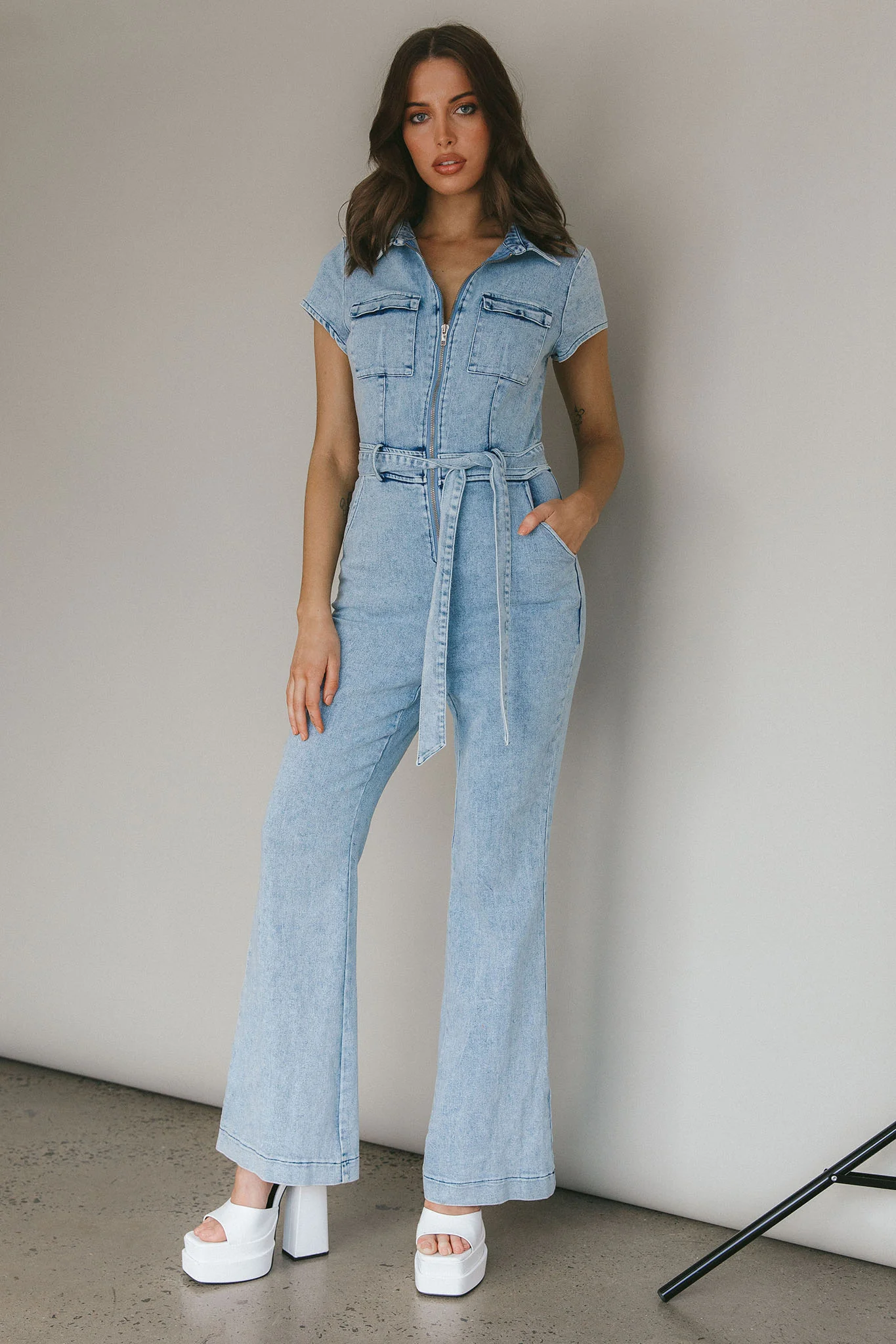 California Girl Short Sleeve Waist Tie Jumpsuit Denim Blue - Sonourner