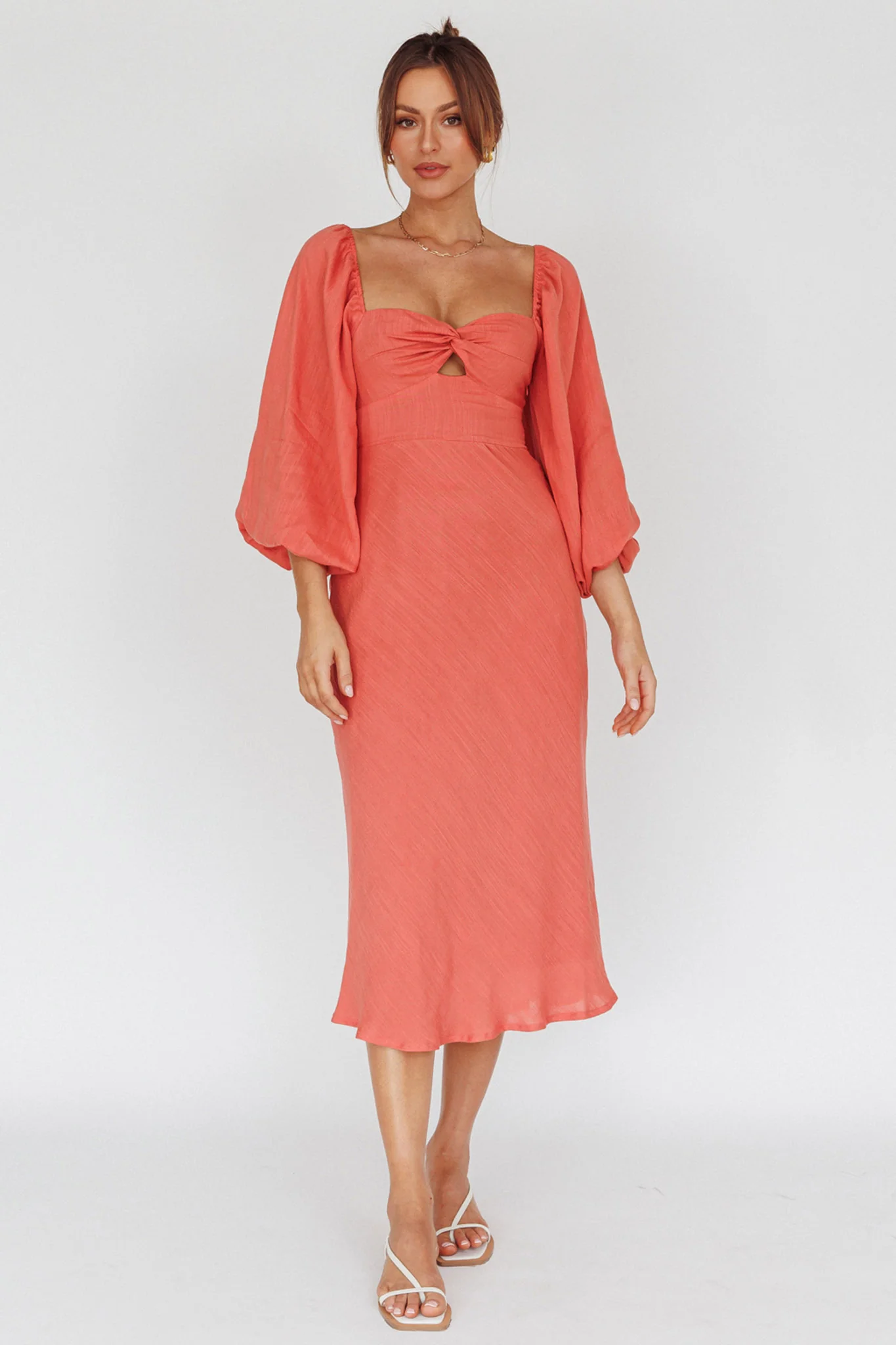 Betina Twist Bust Long Sleeve Midi Dress Lipstick - Sonourner