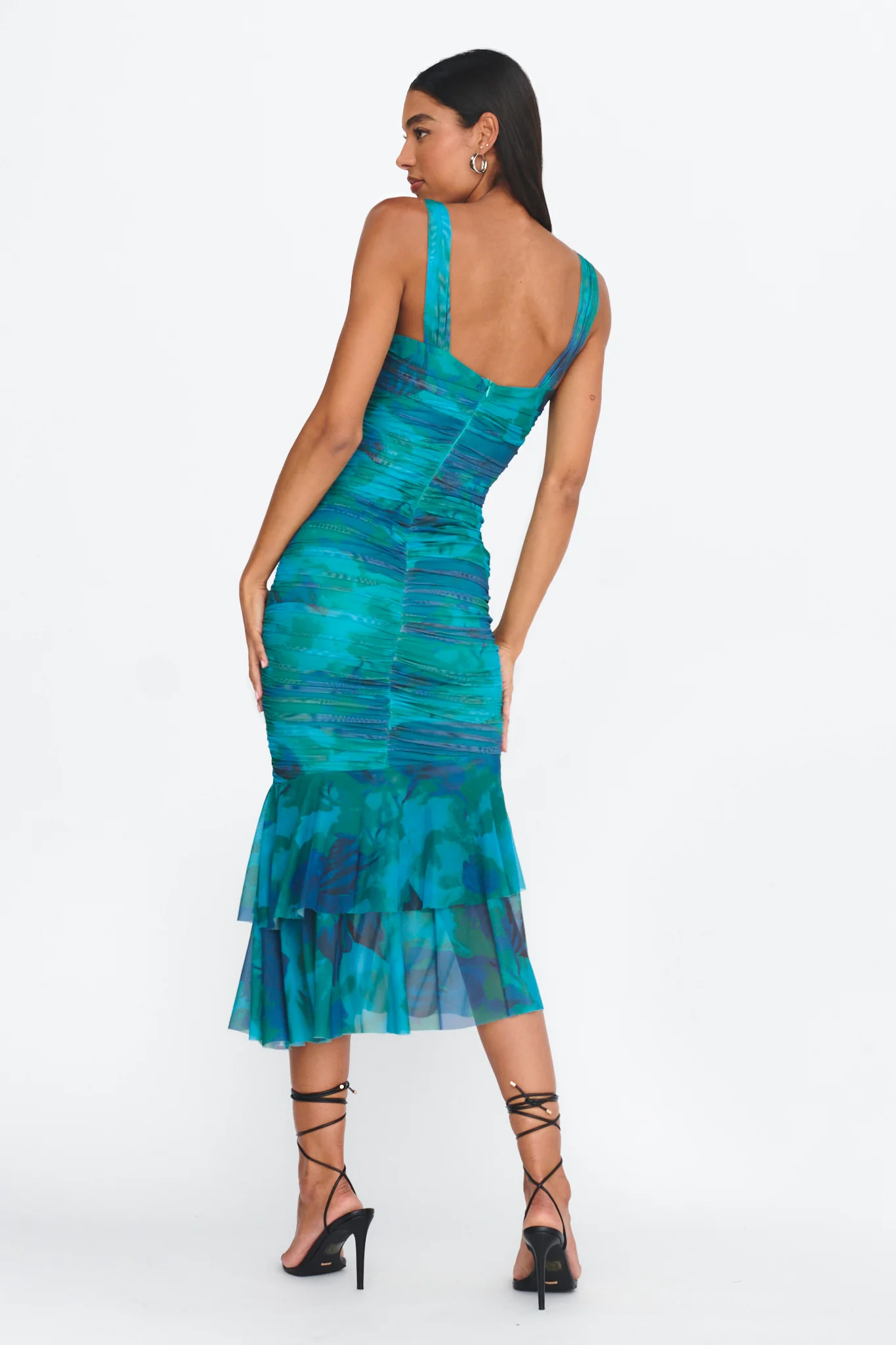 Nadia Ruched Fishtail Midi Dress Abstract Green - Sonourner