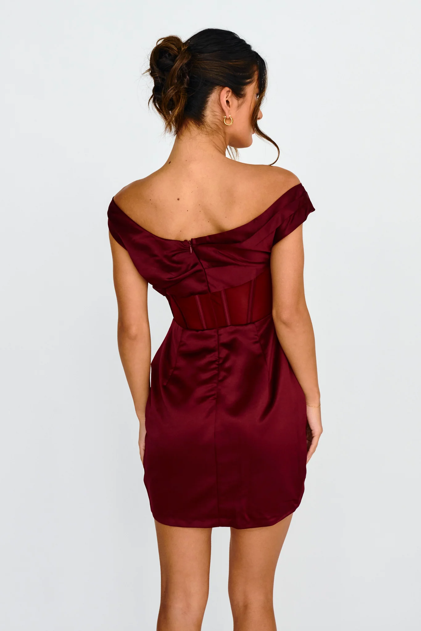 Lizetta Boat Neck Gathered Mini Dress Burgundy - Sonourner
