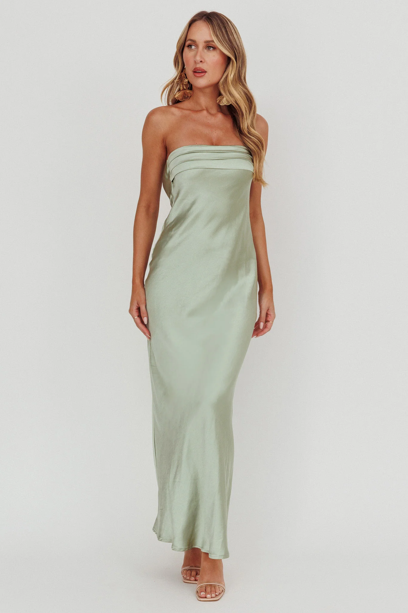 Kona Strapless Pleated Bust Satin Maxi Dress Sage - Sonourner
