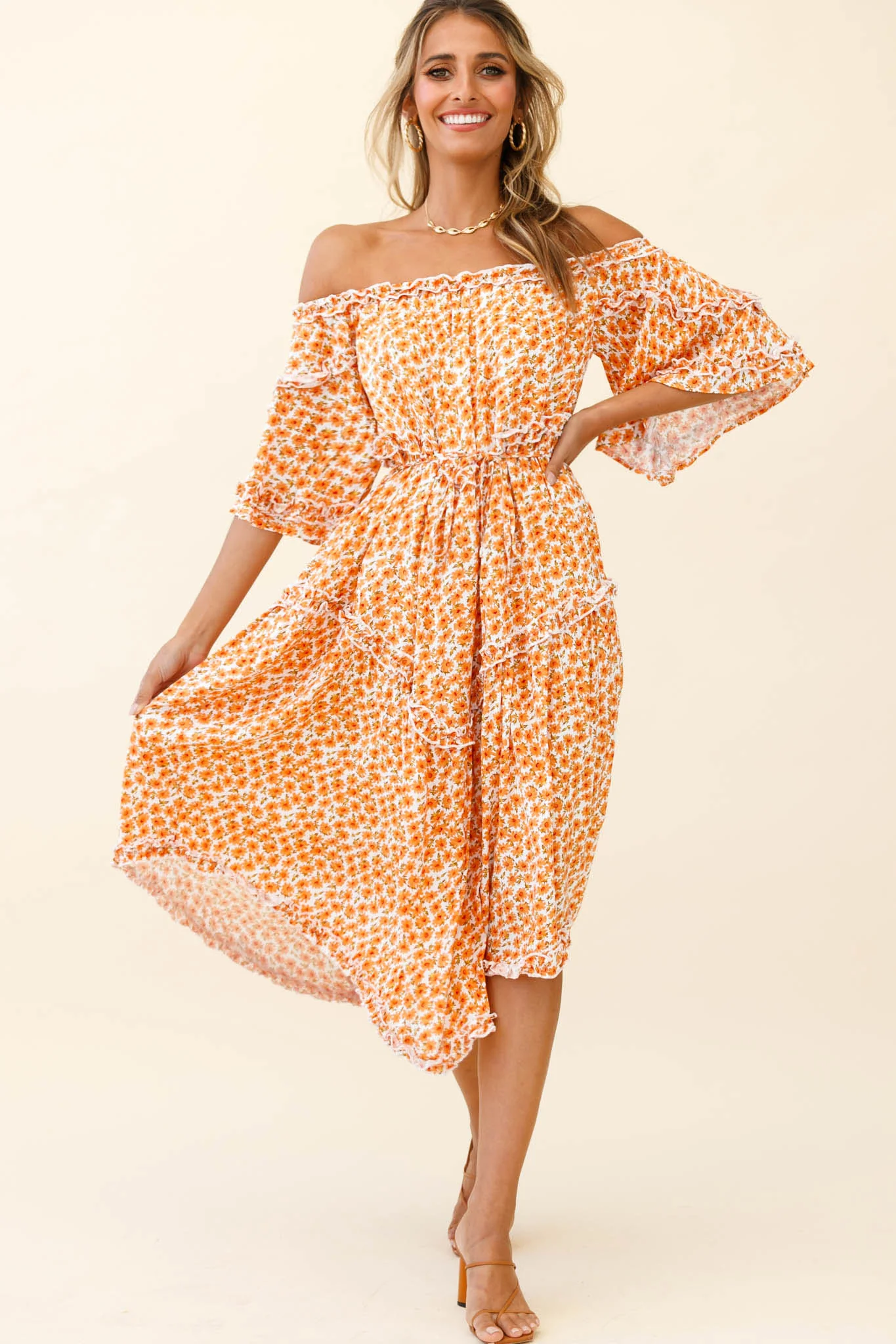 Renoir Off-Shoulder Frill Trim Dress Floral Print Orange - Sonourner