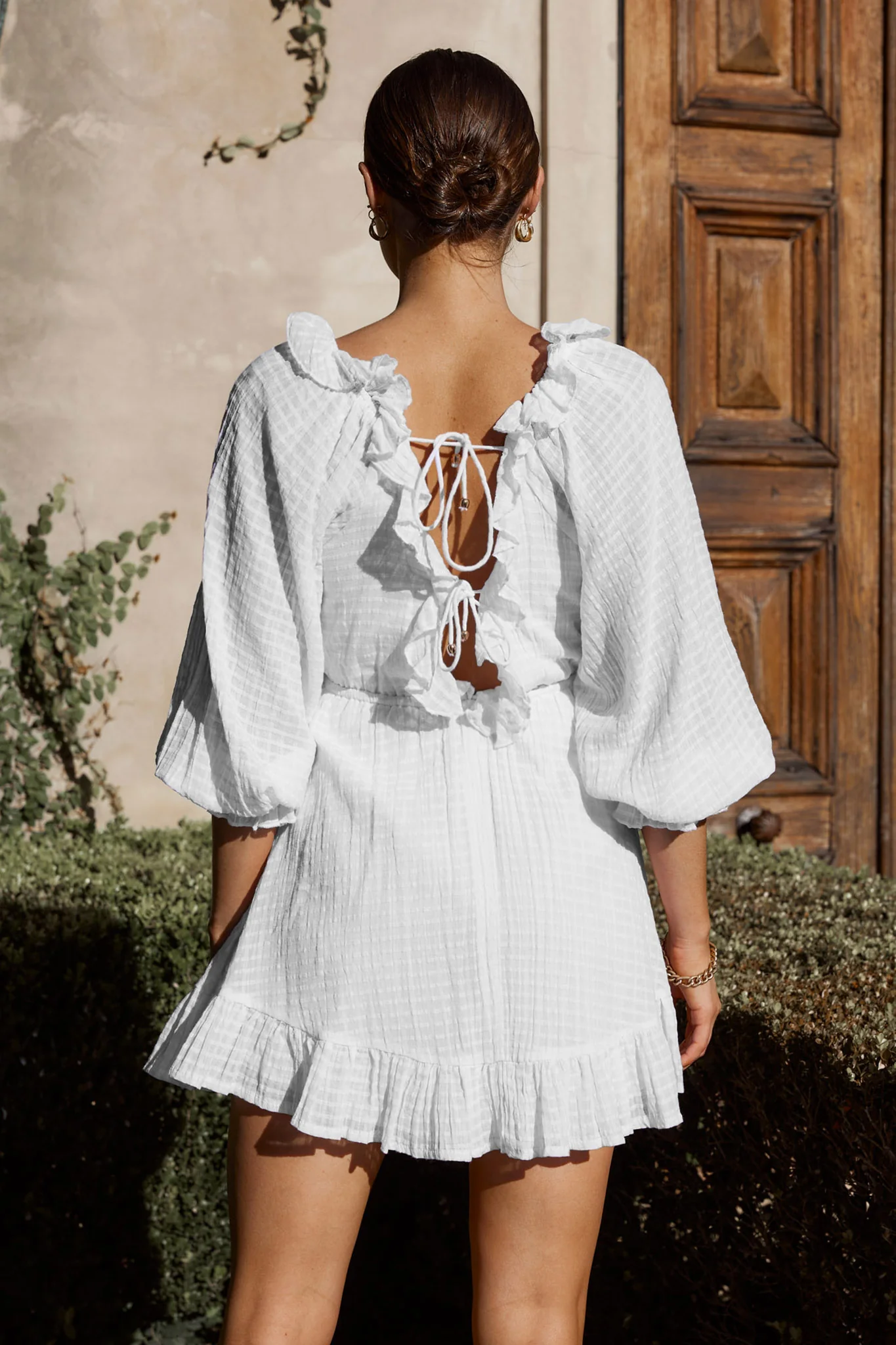 Hooked On A Feeling Long Sleeve String Tie Back Mini Dress White - Sonourner