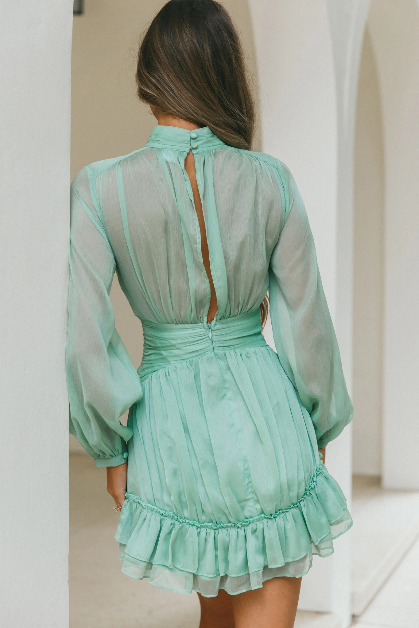 Mandalay High Neck Long Sleeve Waistband Dress Sage - Sonourner