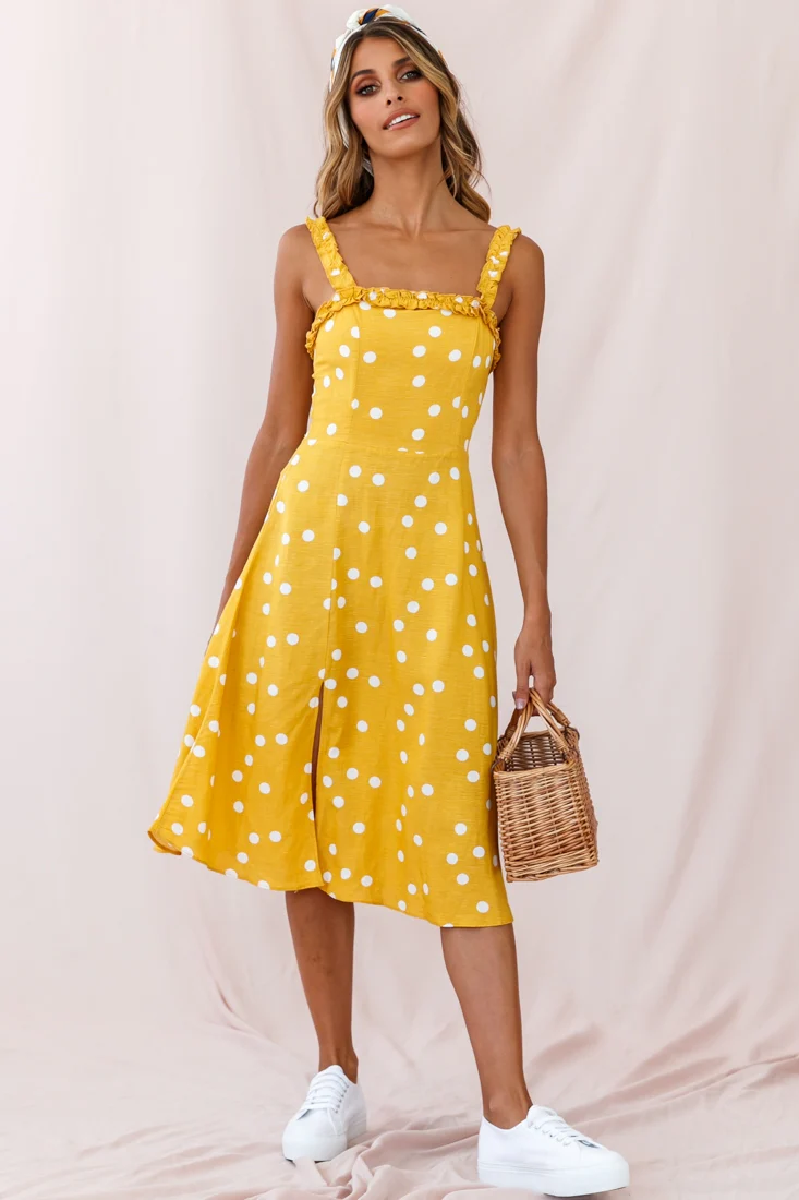 Magdalene Frill Strap A-Line Midi Dress Yellow Mustard - Sonourner