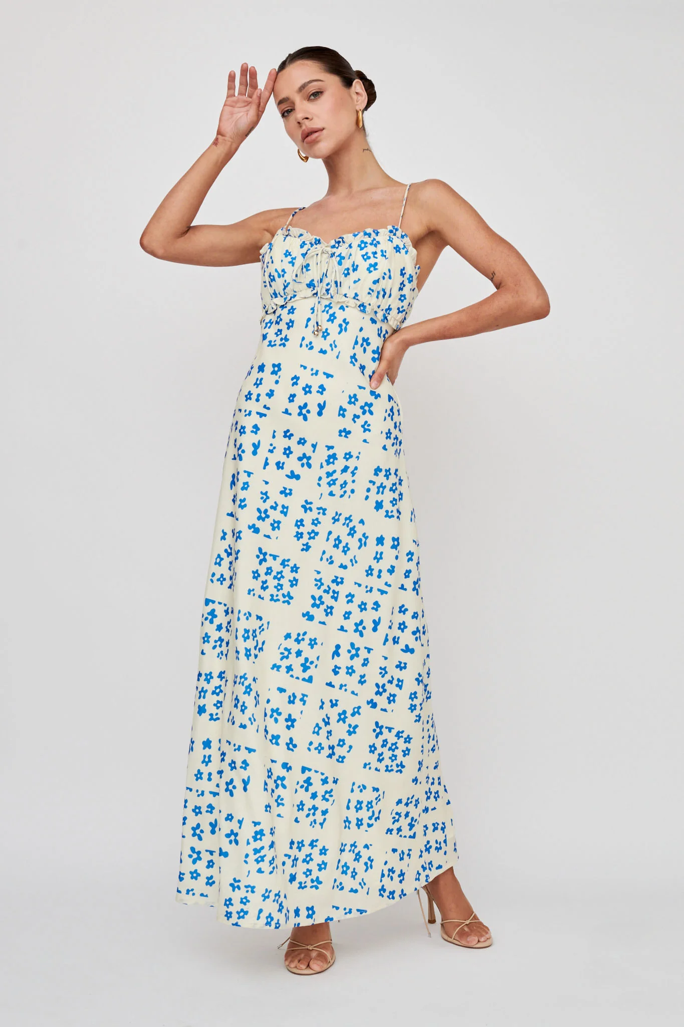 Anja Frill Trim Maxi Dress Print Cream Blue - Sonourner