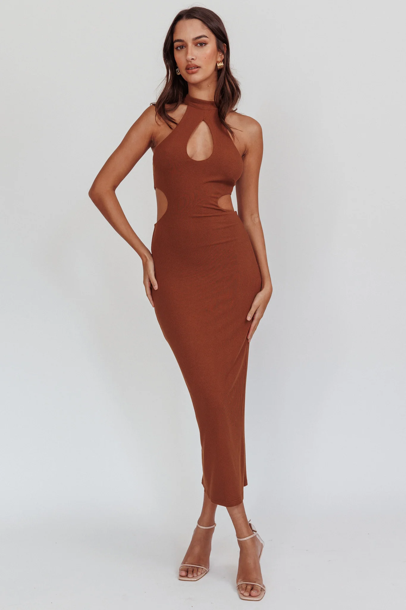 Estella Keyhole Ribbed Midi Dress Brown - Sonourner