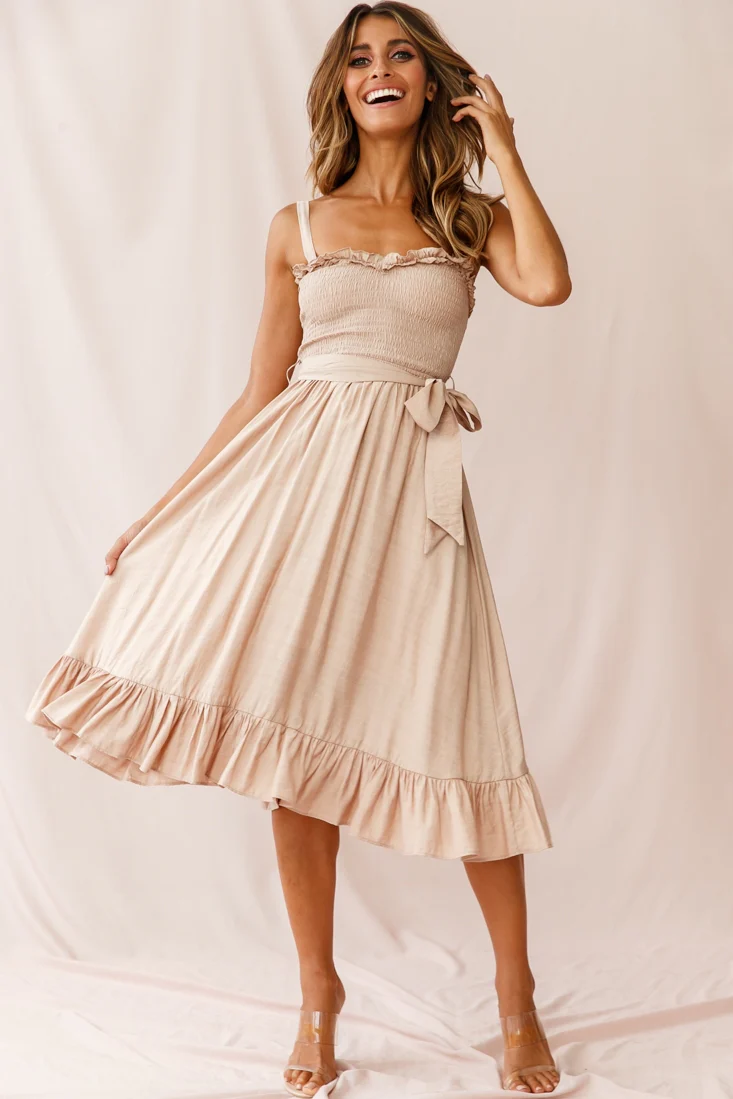 Honey Shirred Frill Midi Dress Mocha - Sonourner