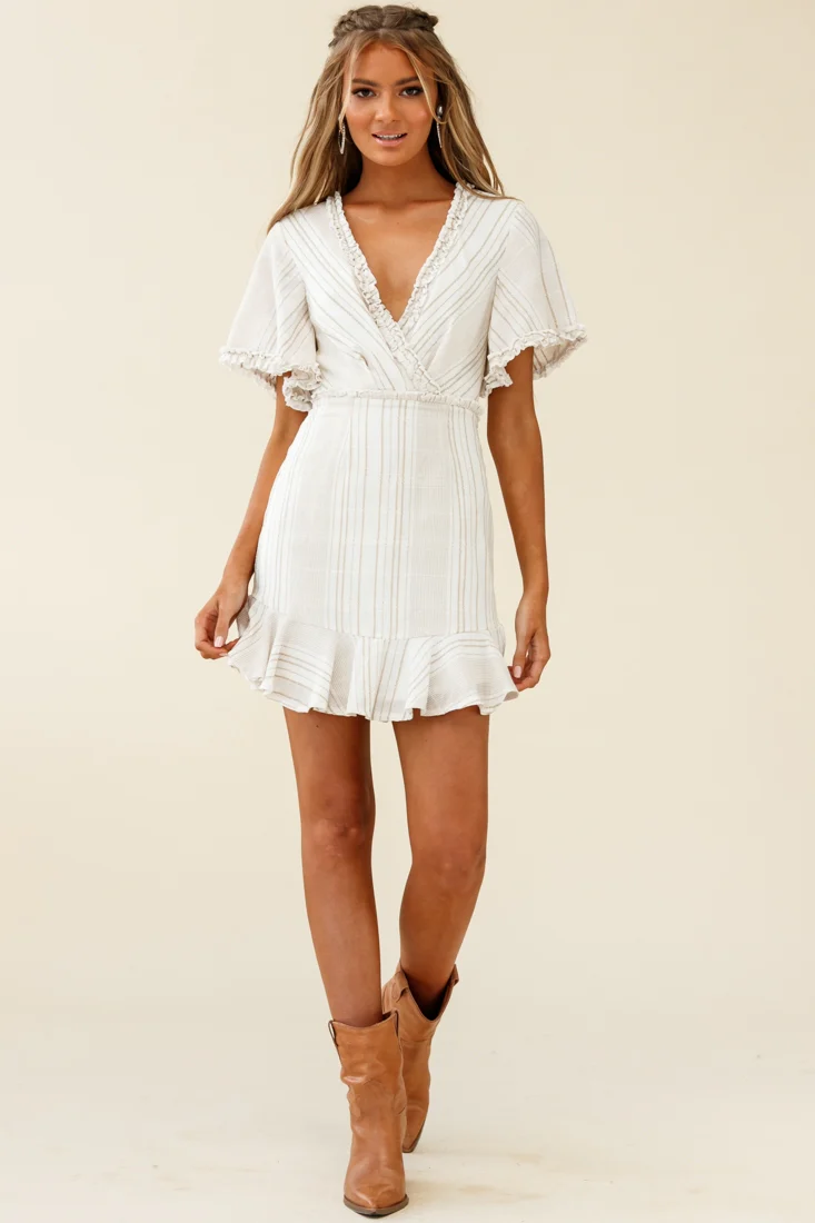 Ochre Open Back Bow Detail Dress Stripe Pattern White/Mocha - Sonourner