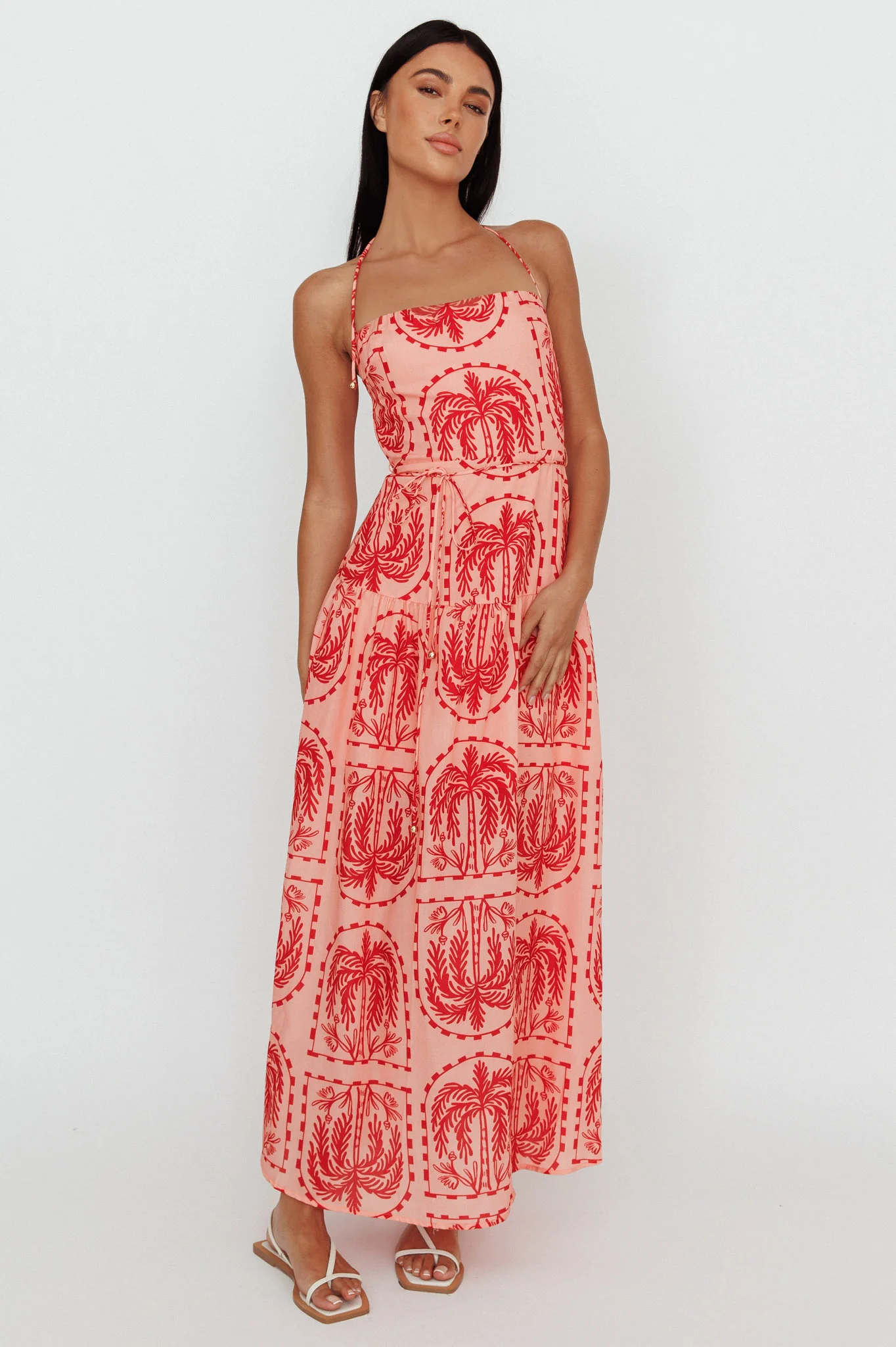 Natasia Halterneck Maxi Dress Palm Print Red - Sonourner