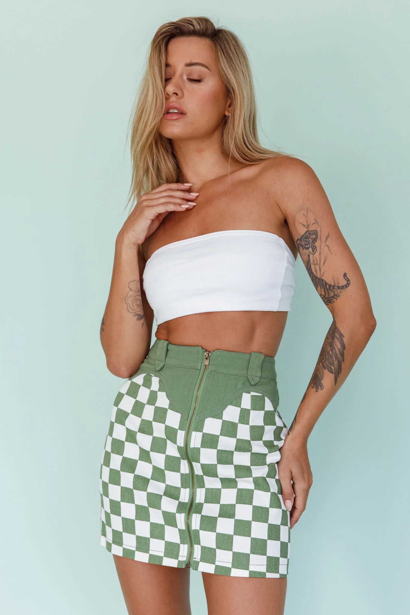 Rewind Zipper Front Mini Skirt Checkered Green - Sonourner