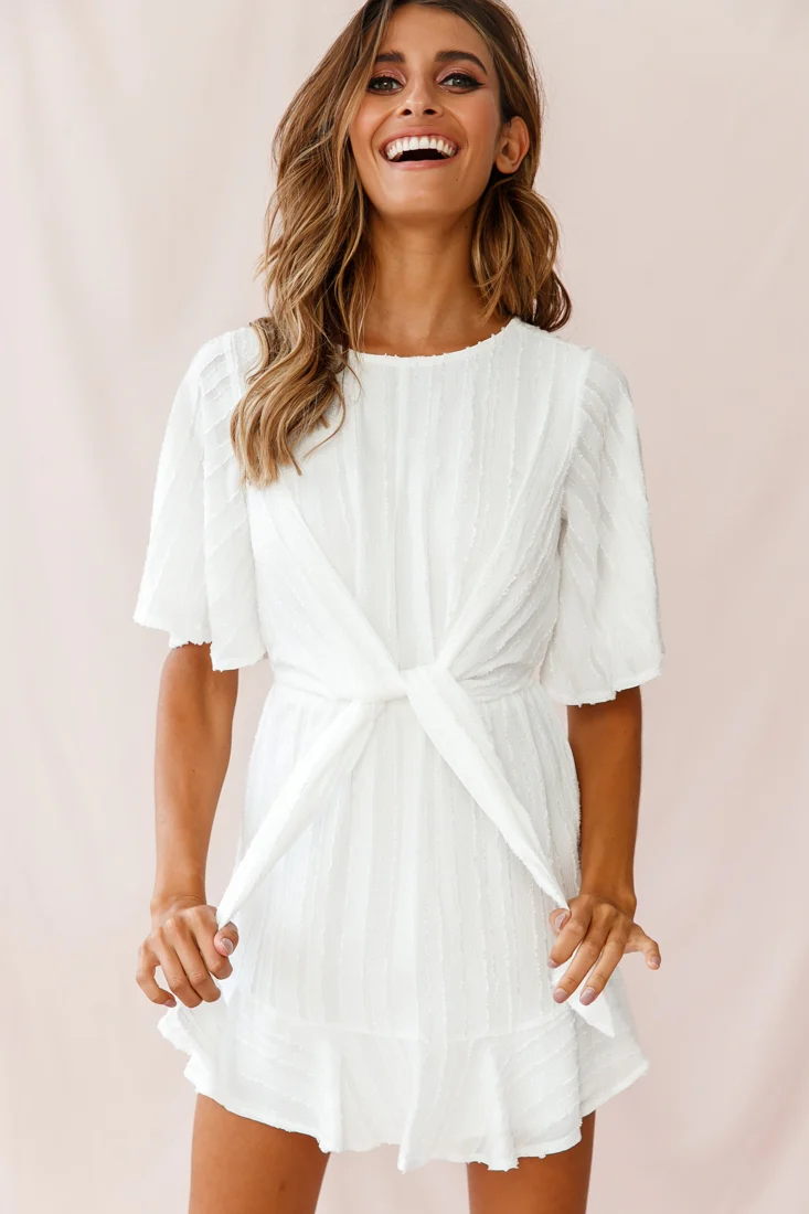 Knowing Tie-Front Frill Hem Dress White - Sonourner