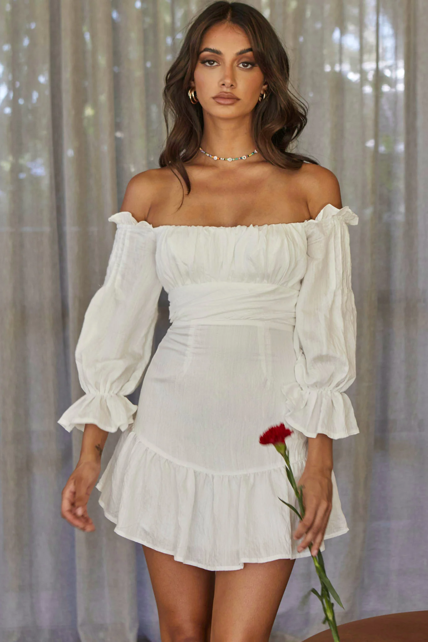 By My Side Off-Shoulder Balloon Sleeve Dress White - Sonourner