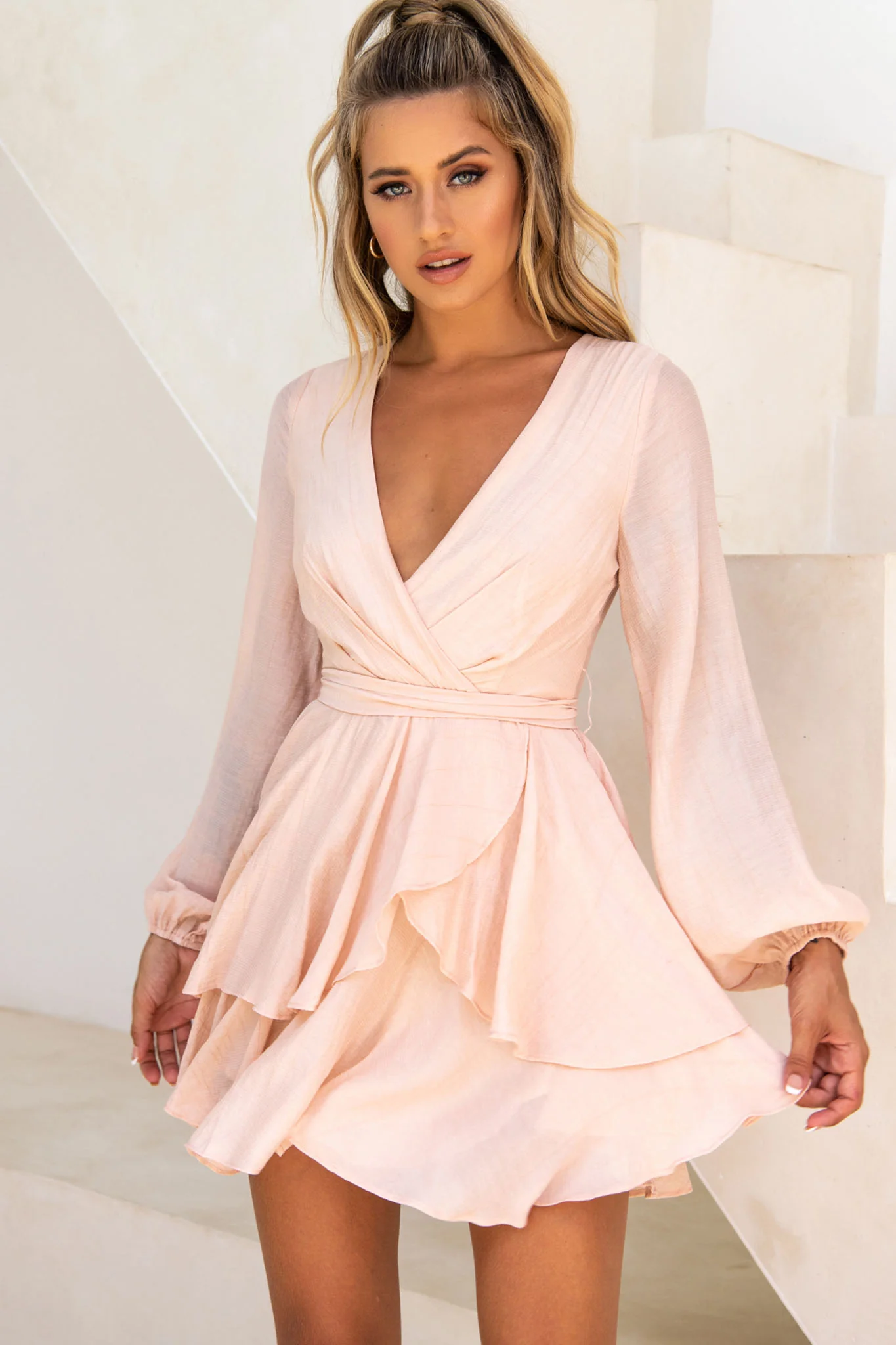 Believe Me Long Sleeve Surplice Neckline Dress Beige - Sonourner