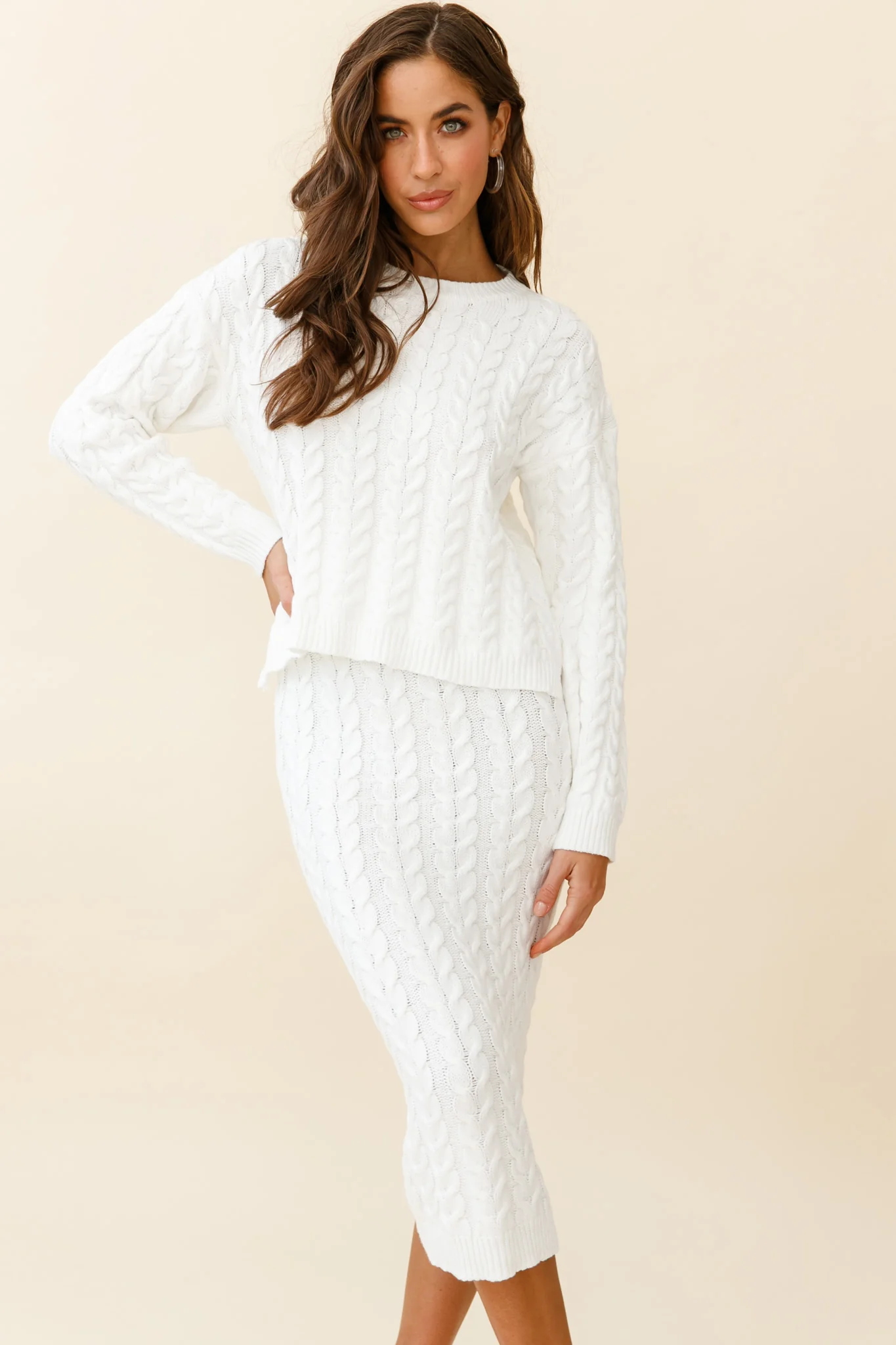 Cozy Up Cable Knit Midi Skirt White - Sonourner