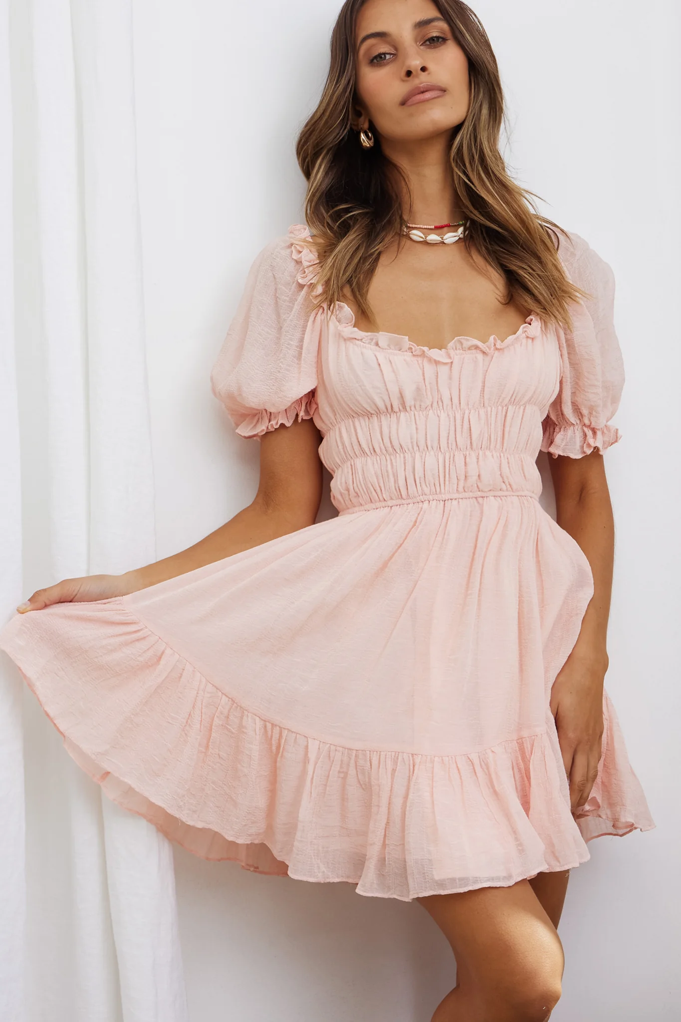Romantics Shirred Bodice Puff Sleeve Mini Dress Blush - Sonourner