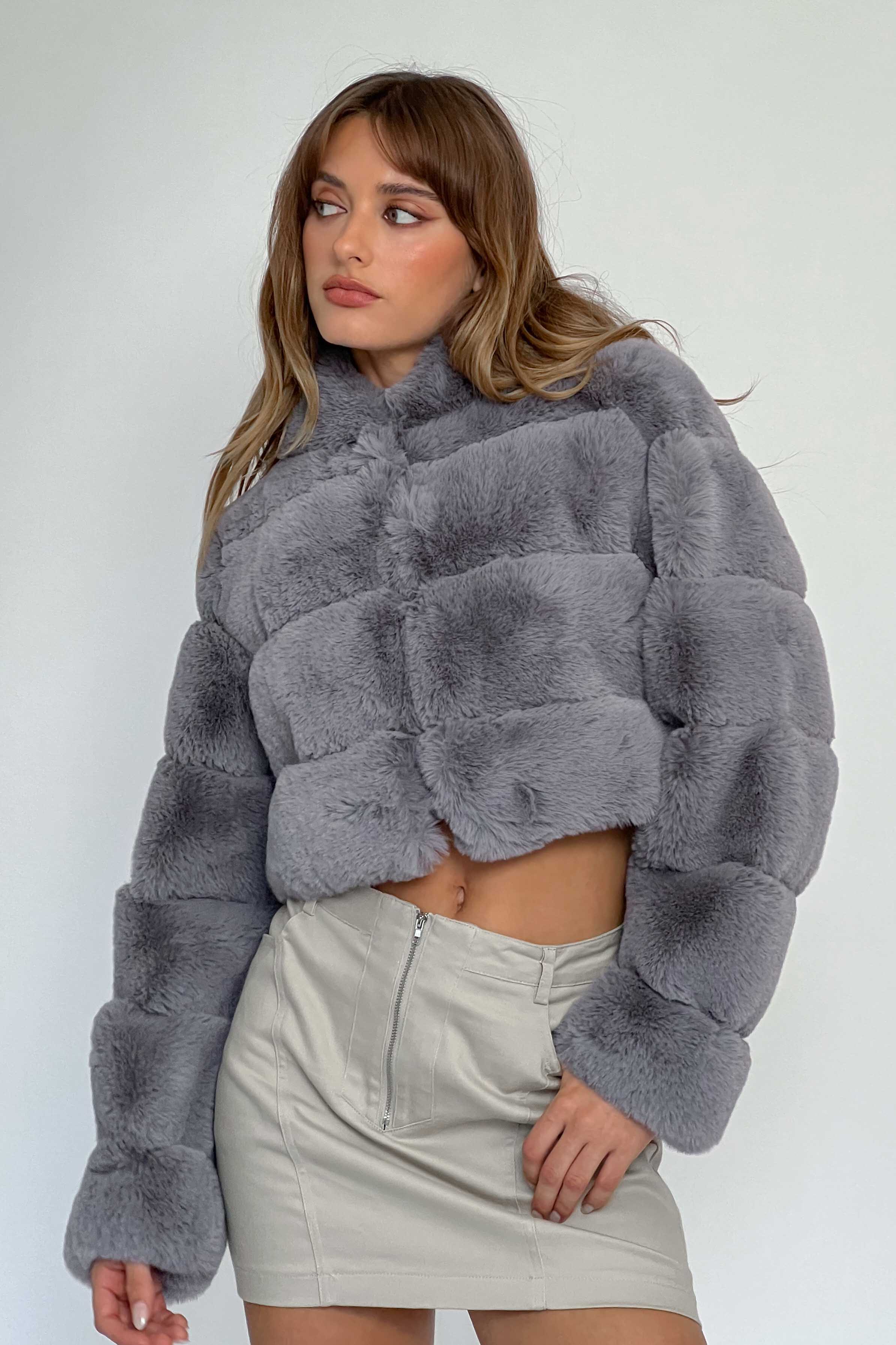 Polina Hooded Faux Fur Jacket Grey - Sonourner