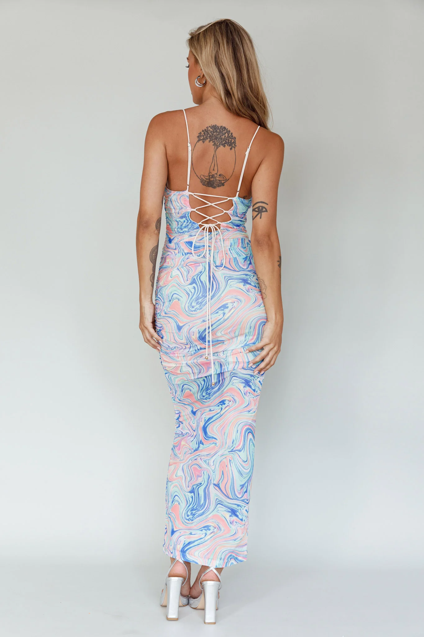 Love In Miami Lace-Up Back Midi Dress Swirl Blue - Sonourner