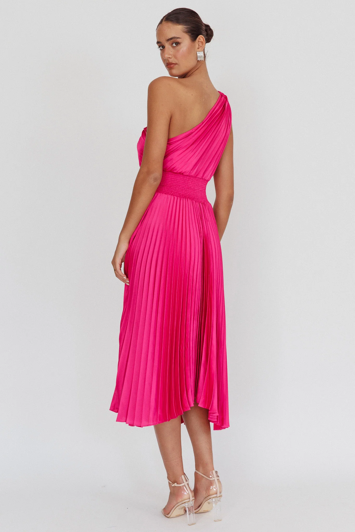 Calissa One Shoulder Pleated Midi Dress Magenta - Sonourner