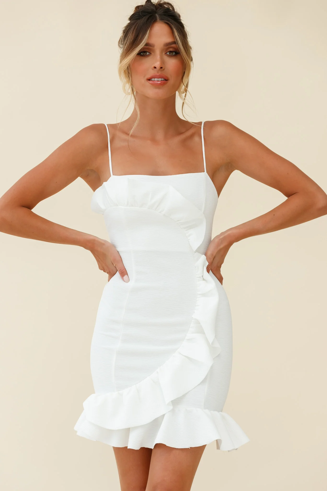 Juanita Half Moon Ruffle Detail Bodycon Dress White - Sonourner