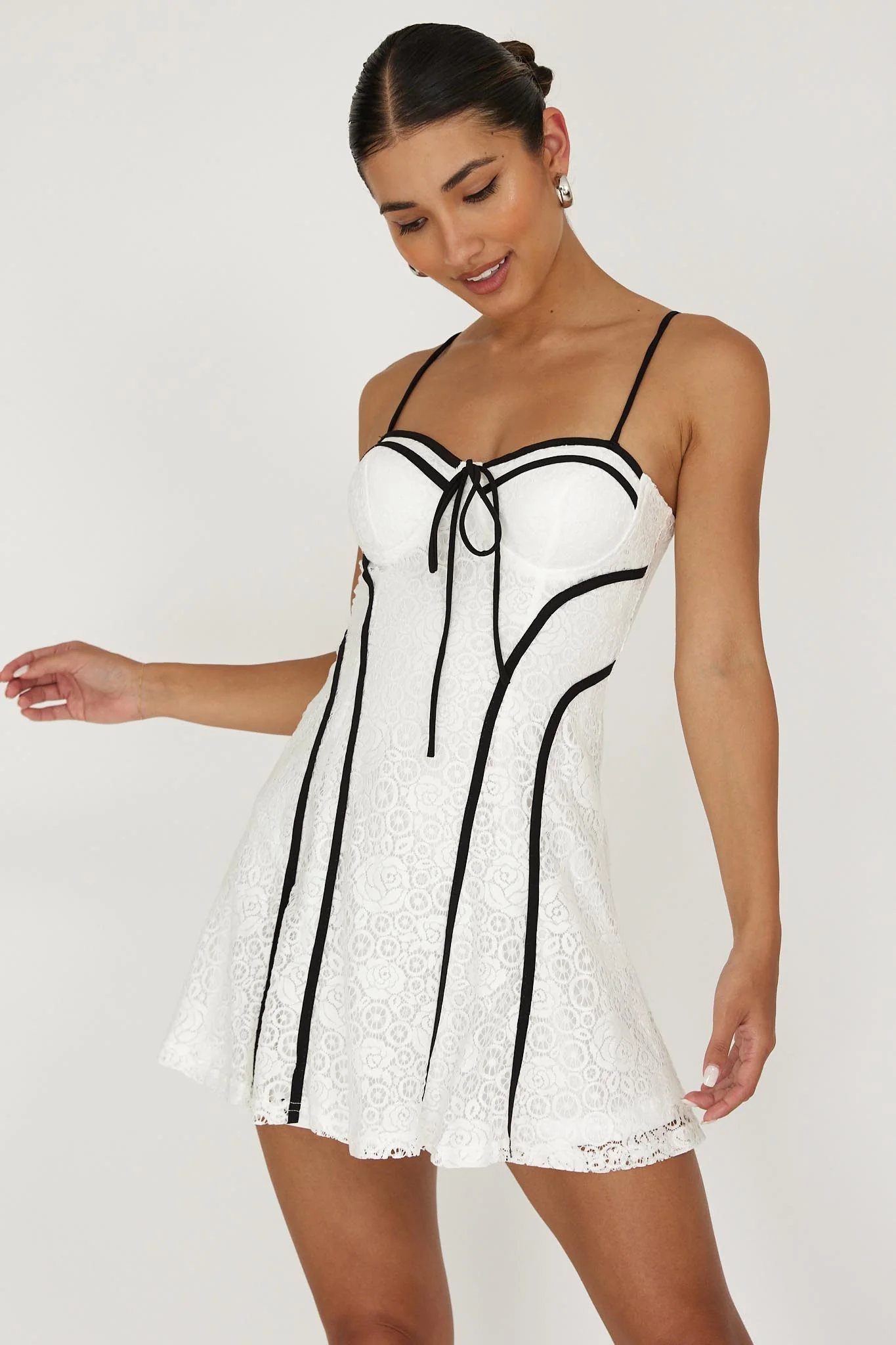 Find Your Way Lace Piping Mini Dress White - Sonourner