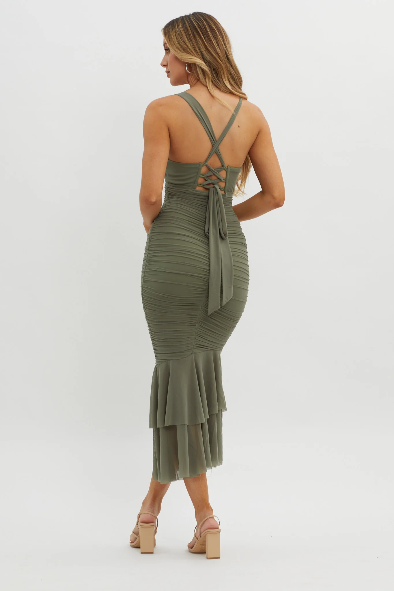 Surreal Lace-Up Back Ruched Midi Dress Olive - Sonourner