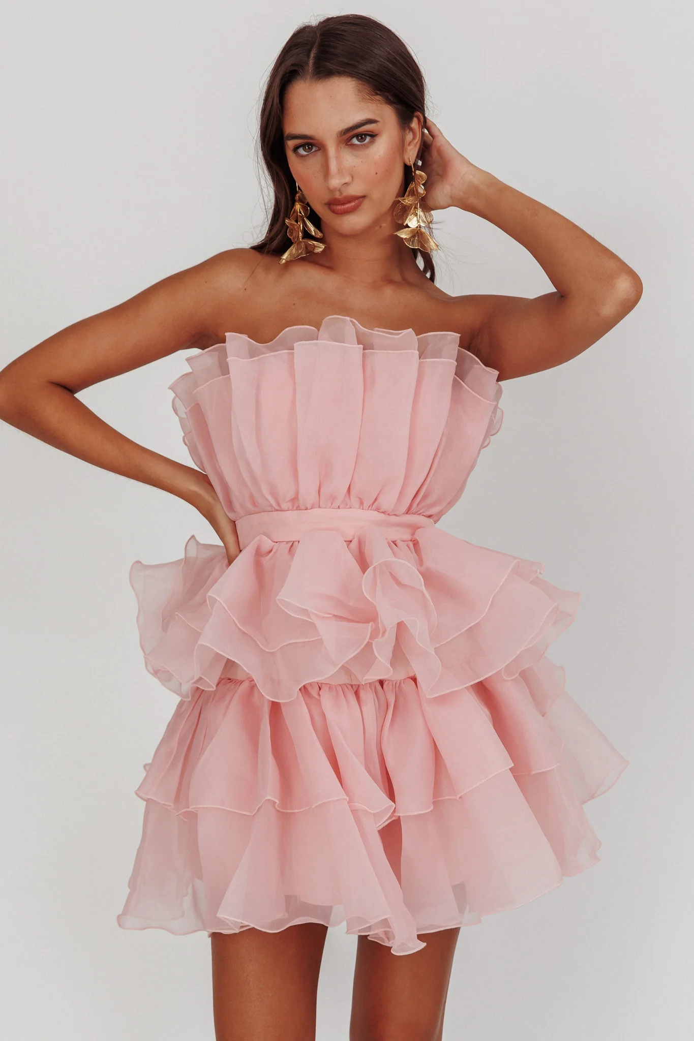 Bon Bon Tiered Chiffon Mini Dress Blush - Sonourner