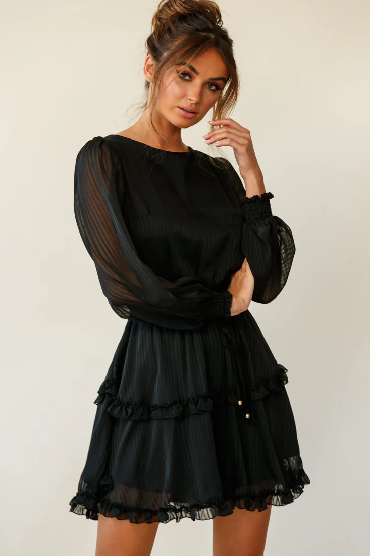 Mildred Long Sleeve Shirred Waist Frill Dress Black - Sonourner