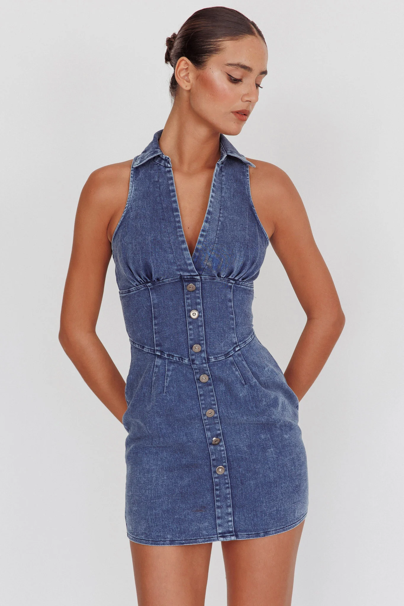 South Beach Faux Button Collared Dress Dark Denim - Sonourner