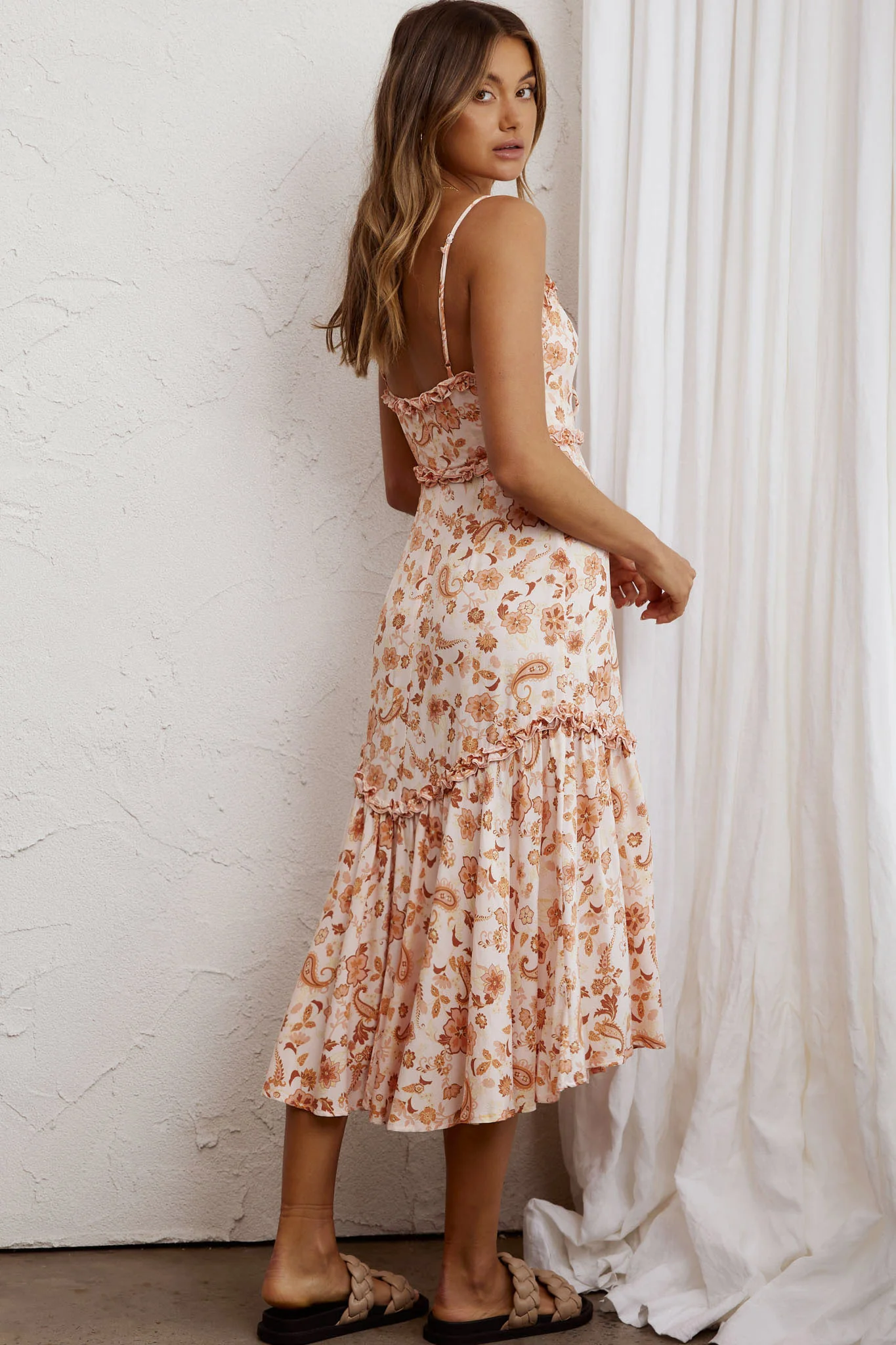 Stealing Kisses Frill Trim Midi Dress Paisley Beige Multi - Sonourner