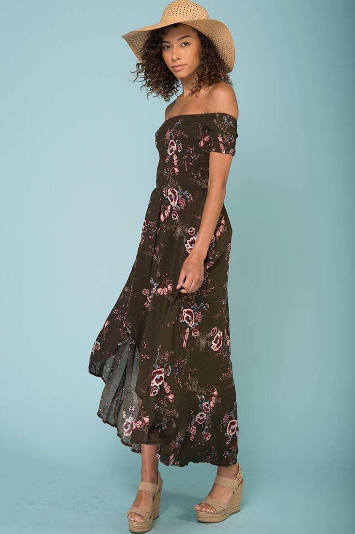 Summer Picnic Floral Print High Low Midi Dress Khaki - Sonourner