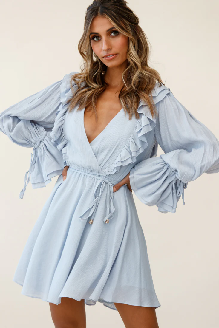 Adina Fluted Long Sleeve Frill Detail Dress Grey - Sonourner