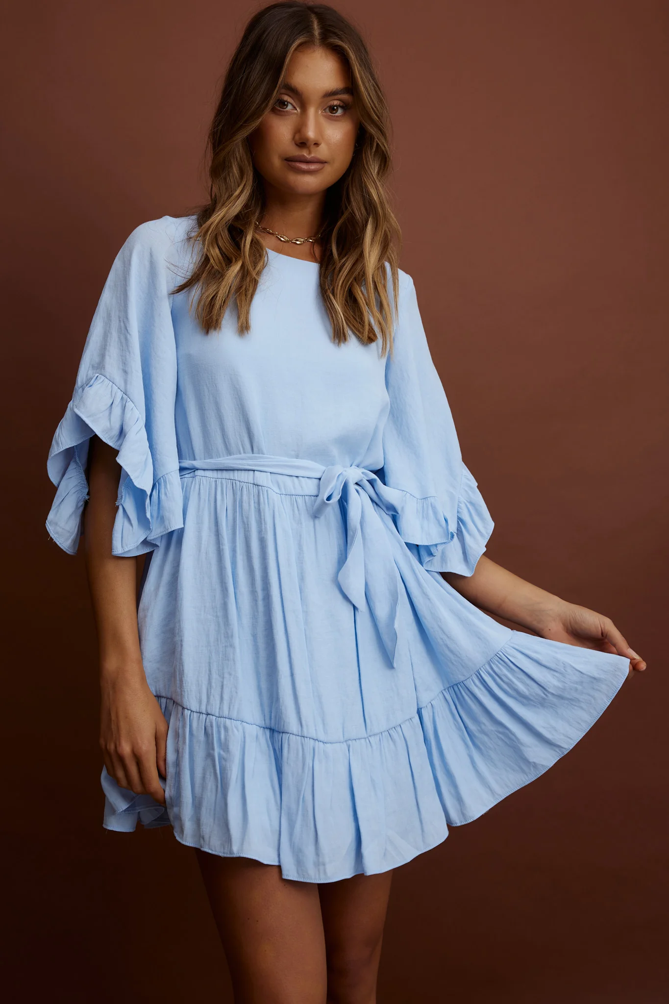 Joni Batwing Sleeve Waist Tie Dress Ruffle Blue - Sonourner