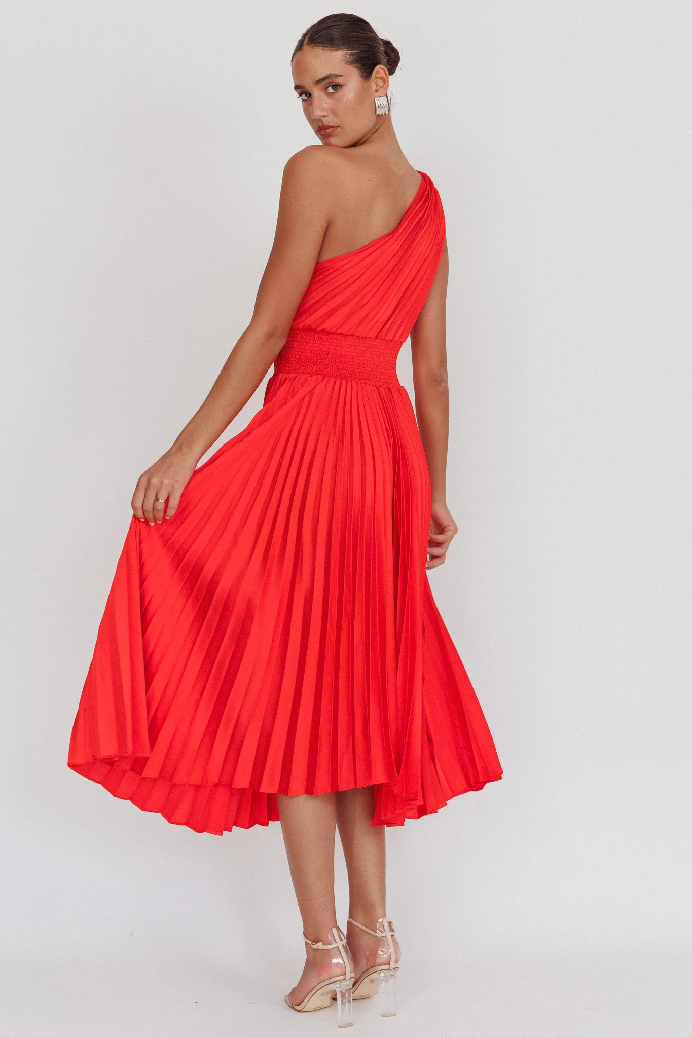 Calissa One Shoulder Pleated Midi Dress Red - Sonourner