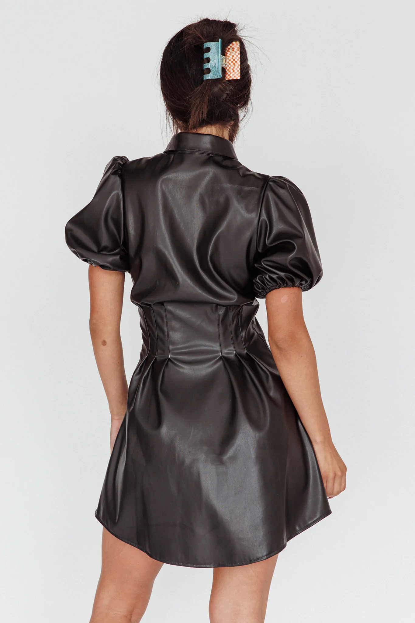 Zurich Pleated Waist Shirt Dress Faux Leather Black - Sonourner