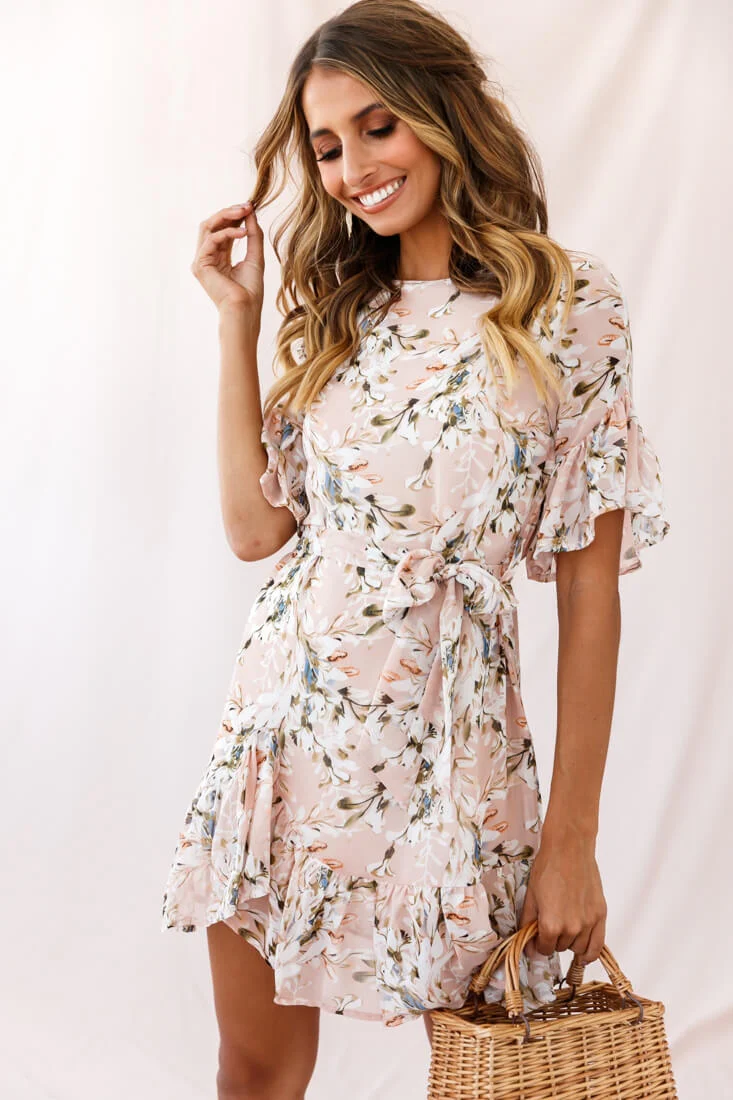 Azealia Ruffle Hem Floral Dress Nude - Sonourner