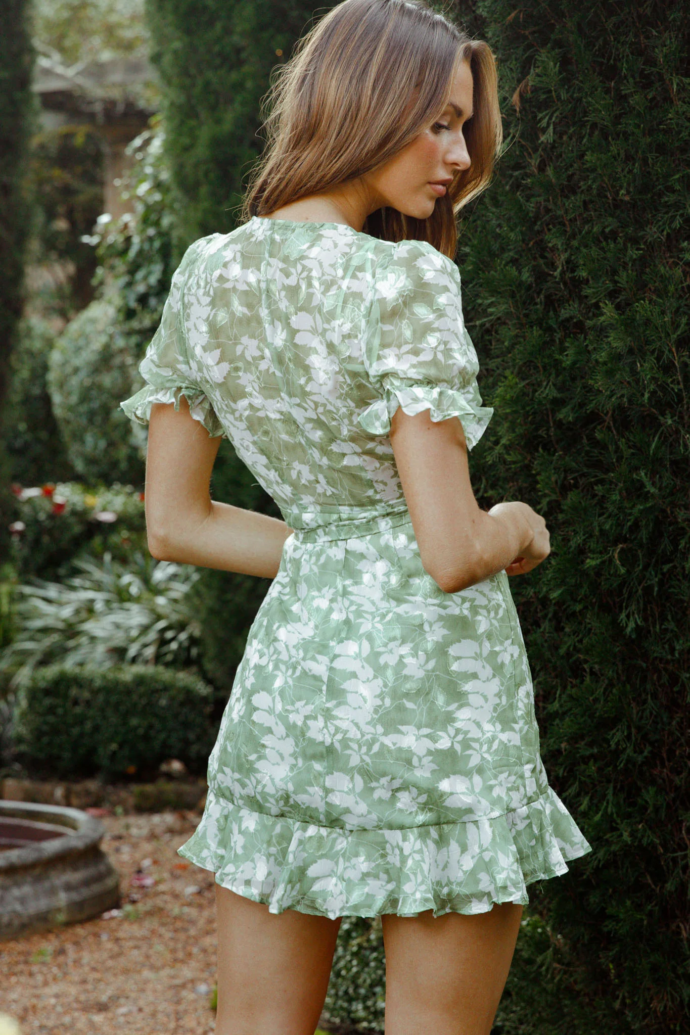 Abigail Wrap Front Puff Sleeve Dress Floral Print Avocado Multi - Sonourner